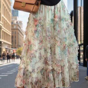 BOUTIQUE RUFFLE AND PEARL TRIM MIDI MESH SKIRT